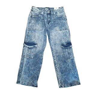 Wide Leg Acid Wash Baggy Y2K Cargo Jeans High Rise Tummy Tuck Womens 20